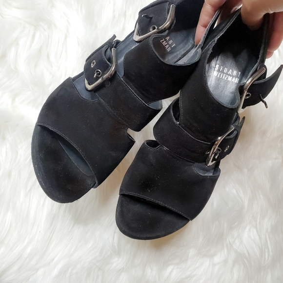 Stuart Weitzman | Black Suede Clear Open Toe Heels - Picture 4 of 8